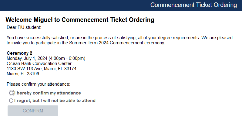 Screenshot of MyFIU commencement confirmation screen